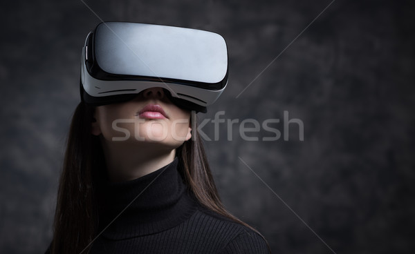 Foto stock: Menina · fone · virtual · realidade · tecnologia