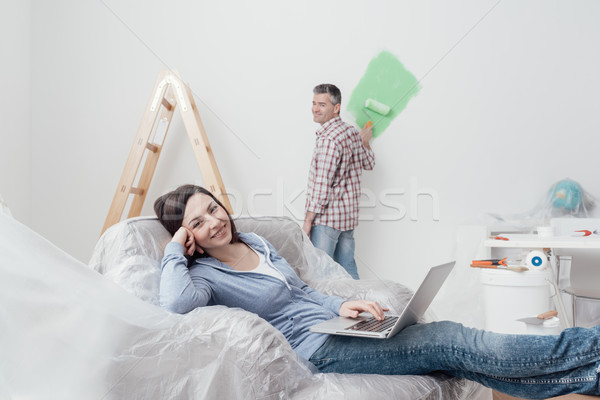 Foto stock: Casa · feliz · casal · homem · pintura