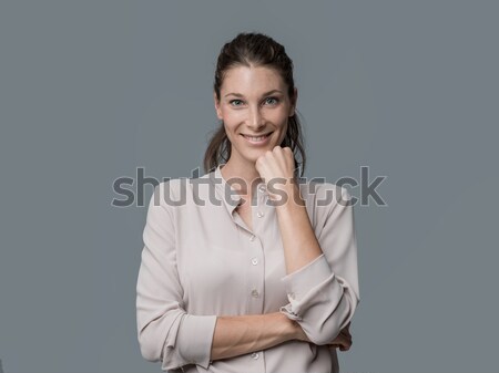 Foto stock: Sonriendo · retrato · elegante · jóvenes · azul