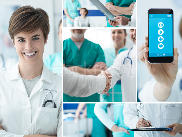ストックフォト: 医師 · 医療 · アプリ · 写真 · コラージュ · 笑みを浮かべて