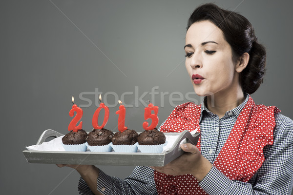 Gelukkig nieuwjaar 2015 muffins vintage huisvrouw Stockfoto © stokkete