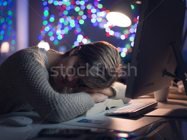 Woman Sleeping On The Desk At Night Stock Photo C Luciano De Polo