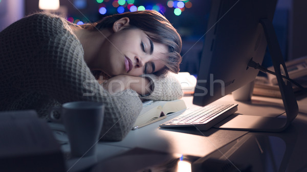Foto stock: Mulher · adormecido · secretária · noite · cansado · mulher · jovem