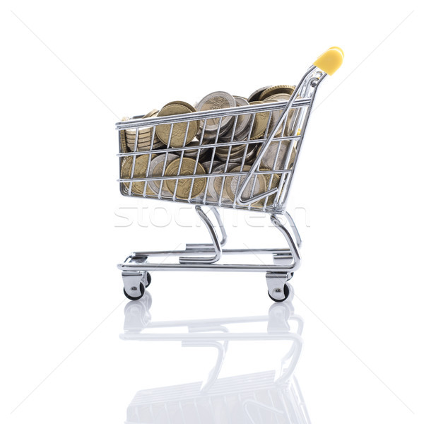 Foto stock: Carrinho · de · compras · moeda · supermercado · completo · dinheiro · branco