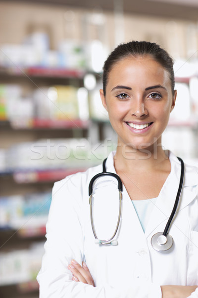 Stockfoto: Portret · glimlachende · vrouw · apotheker · apotheek · milieu · medische