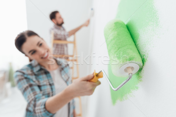 Foto stock: Casa · decoración · feliz · Pareja · pintura