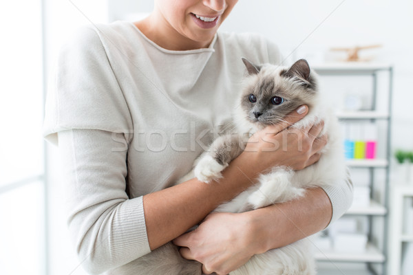 Frau halten Katze home schönen Stock foto © stokkete