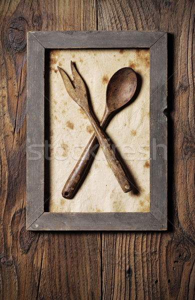 Stock photo: Fork and spoon wooden, framed