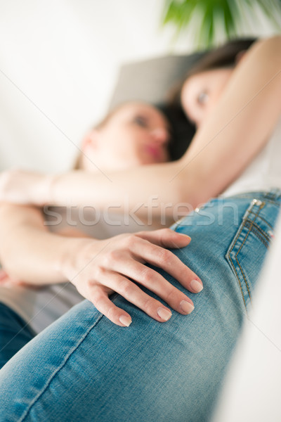 Lesbian couple hugging on sofa Stock photo © stokkete