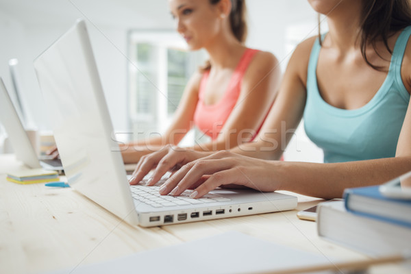Studenten laptops studeren jonge vrouwelijke zomer Stockfoto © stokkete