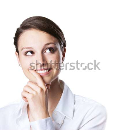 Vrouw jonge aantrekkelijke vrouw denken glimlachend Stockfoto © stokkete