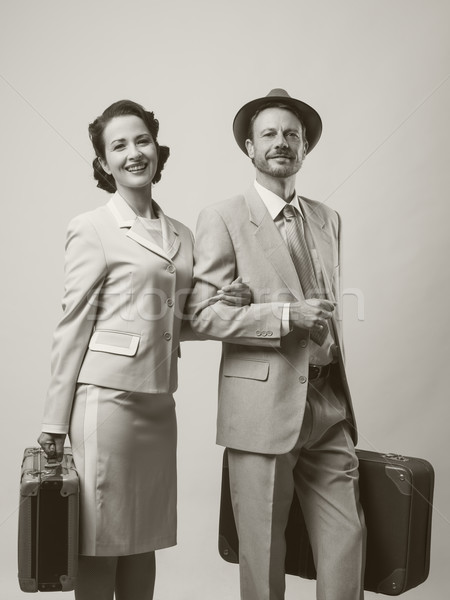 [[stock_photo]]: Lune · de · miel · élégante · affectueux · couple · bagages · 1950