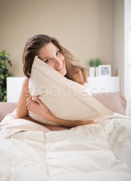 甜 早晨 醒 年輕女子 枕頭 商業照片 © stokkete