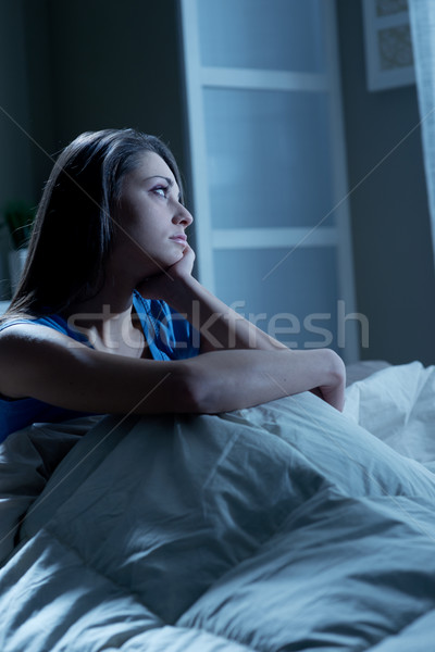 Uykusuzluk portre genç kadın ev yatak odası Stok fotoğraf © stokkete