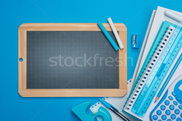 Kara tahta kırtasiye mavi tebeşir açık mavi okul Stok fotoğraf © stokkete
