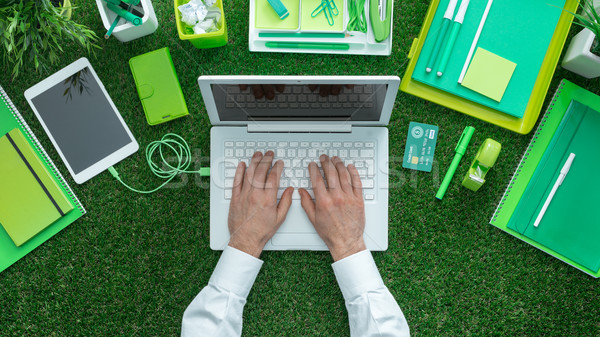 Verde afaceri om de afaceri folosind laptop crearea de reţele iarbă Imagine de stoc © stokkete
