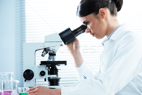Microscópico análise feminino investigador microscópio Foto stock © stokkete