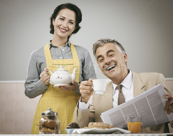 1950 estilo casal café da manhã bela mulher Foto stock © stokkete