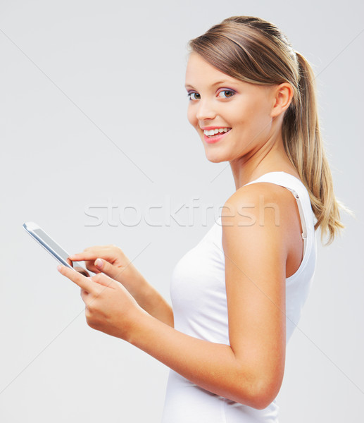 Stockfoto: Digitale · tablet · portret · mooi · meisje · student · technologie