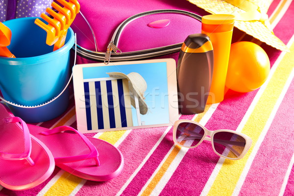 Foto stock: Férias · fotos · comprimido · férias · toalha