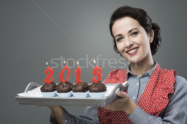 Gelukkig nieuwjaar 2015 muffins vintage huisvrouw Stockfoto © stokkete