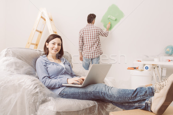 Foto stock: Casa · feliz · Pareja · hombre · pintura