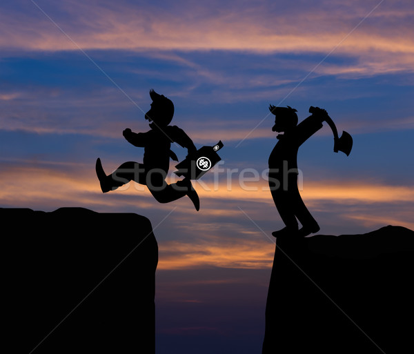 Concept cartoon silhouette, Man hold axe and  Man jumping over p Stock photo © stoonn