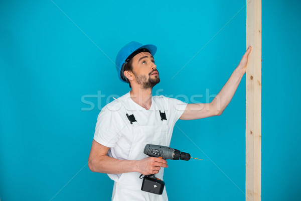 Capacete de segurança três de um tipo mão madeira Foto stock © stryjek