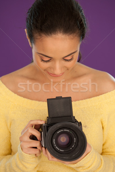 Woman using vintage box camera Stock photo © stryjek