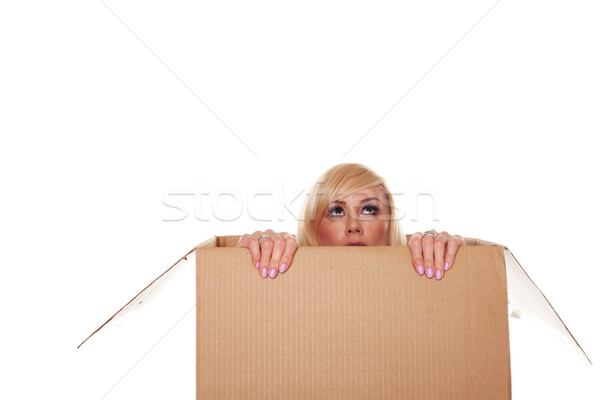 Ijedt fiatal szőke nő doboz izolált fehér Stock fotó © stryjek