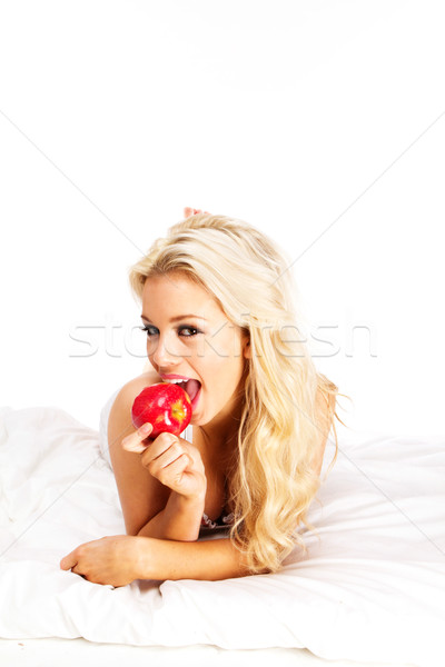 Stockfoto: Blond · appel · mooie · jonge · vrouw · rode · appel · bed