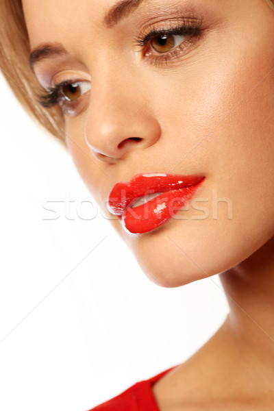Szépség piros ajkak portré fiatal nő arcszín visel Stock fotó © stryjek