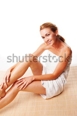 Foto stock: Bela · mulher · toalha · belo · mulher · loira · branco · banho