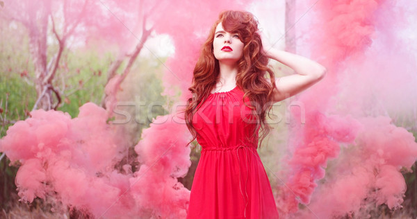 Vörös haj nő visel ruha füst erdő Stock fotó © stryjek