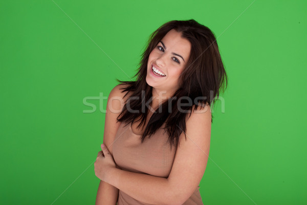 Rire insouciance jeune femme longtemps sauvage cheveux foncés Photo stock © stryjek