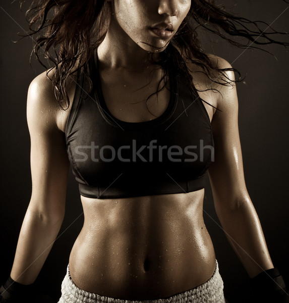 Foto stock: Fitness · menina · morena · exercício · molhado · corpo