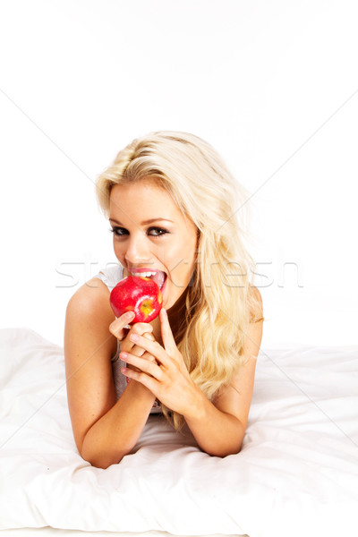 Stockfoto: Blond · appel · mooie · jonge · vrouw · rode · appel · bed