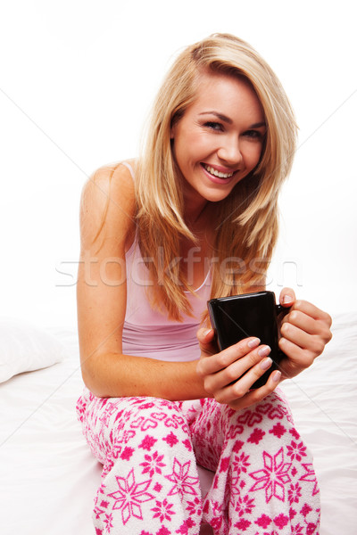 Mosolygó nő iszik reggel kávé mosolyog szőke nő Stock fotó © stryjek