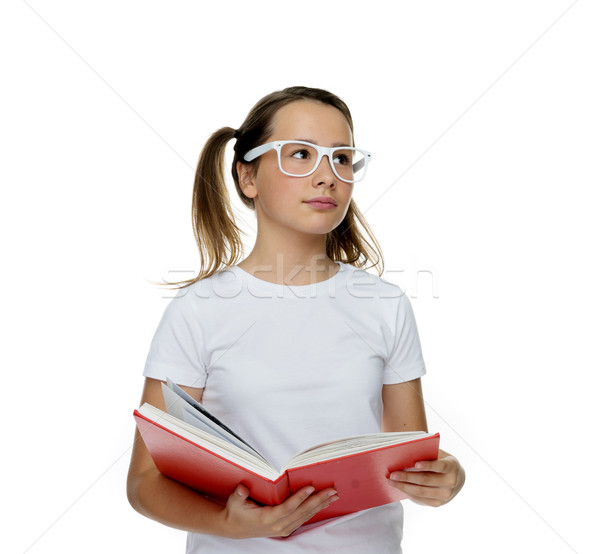 Jong meisje modieus bril permanente denken witte Stockfoto © stryjek