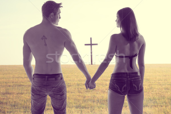 Romantische holding handen atmosferisch afbeelding silhouetten Stockfoto © stryjek