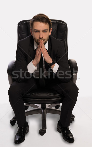 Biznesmen dylemat posiedzenia krzesło biurowe kamery Zdjęcia stock © stryjek