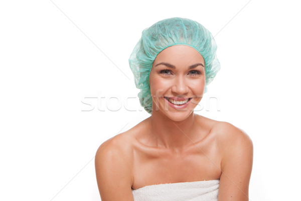 Mosolygó nő zuhany sapka mosolyog egészséges nő Stock fotó © stryjek