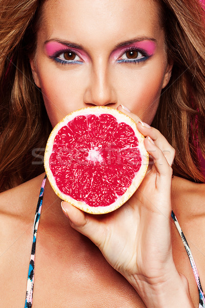 Bikini buli portré csinos nő grapefruit Stock fotó © stryjek
