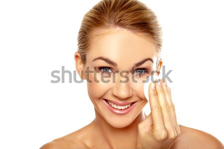 Schöne Frau Gesicht Lächeln groß Baumwolle Hautpflege Stock foto © stryjek