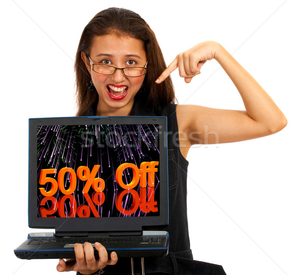 Girl With 50% Off Screen Showing Sale Discount Of Fifty Percent Stock photo © stuartmiles