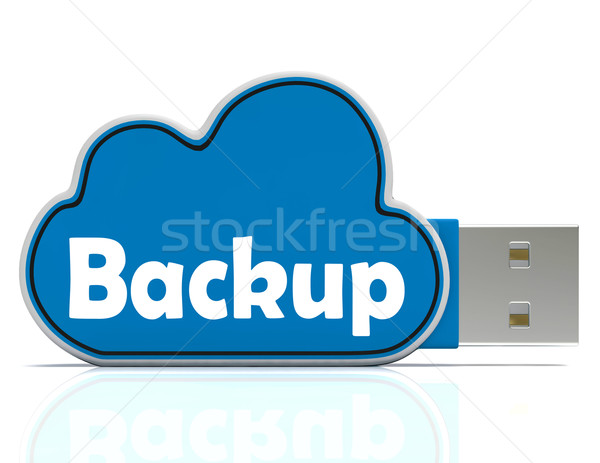 Stock photo: Backup Memory Stick Shows Files And Cloud Storage