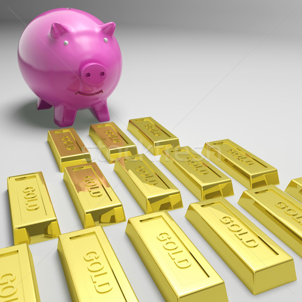 Piggybank Looking At Gold Bars Showing Gold Reserves Stock photo © stuartmiles