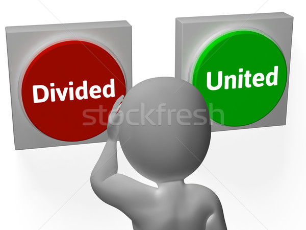 Stock photo: Divided United Buttons Show Disunited Or Togetherness