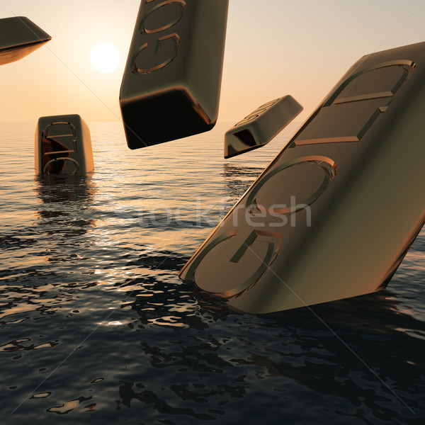 Stock photo: Gold Bars Sinking  Showing Market Depression Recession And Econo