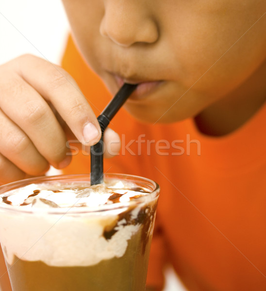 Jeges kávé krém kalóriák fiú iszik Stock fotó © stuartmiles